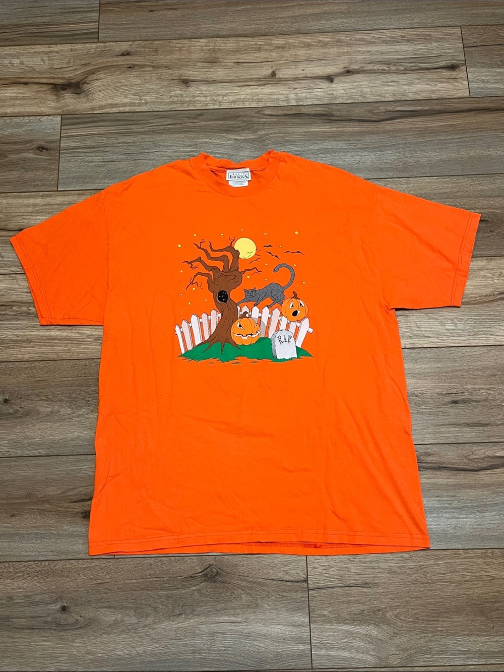 Vintage Halloween Orange Black Cat Pumpkin Graphic T-Shirt Adult XL 100% Cotton